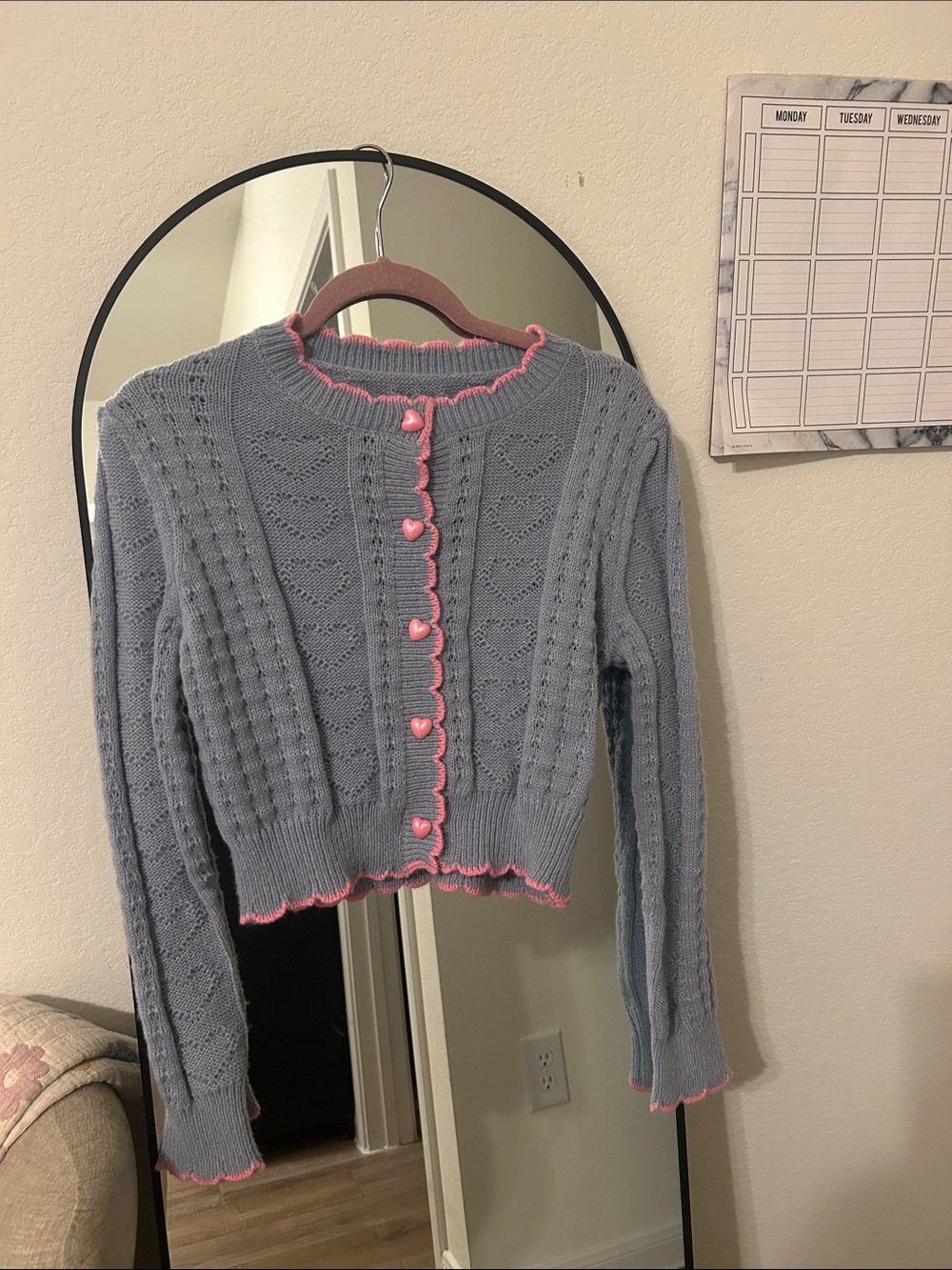 SHEIN Light Blue Knit Cardigan with Pink Trim and Heart Buttons